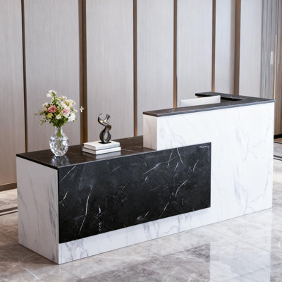 L-Shaped Reception Desk with Lockable Drawers and Storage Shelves, Multi-Functional Computer Desk for Office