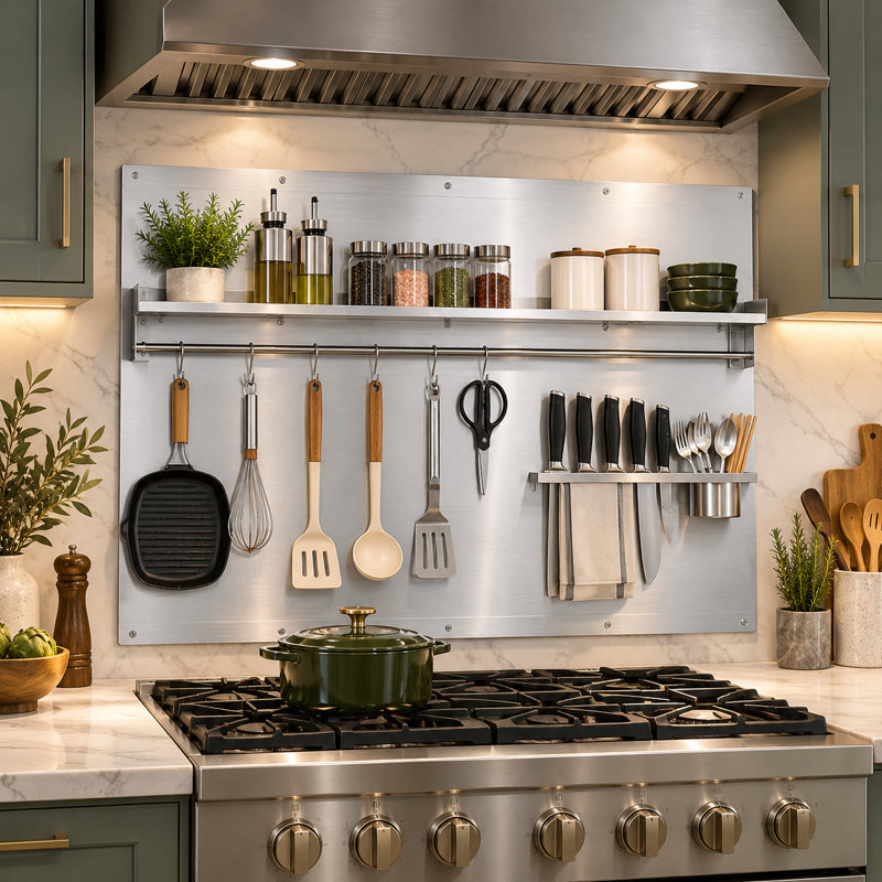 Dosseret en acier inoxydable 36 x 30 pouces avec trous de rangement pré-percés avec tablette de rangement et support à couteaux pour hotte de cuisine et four