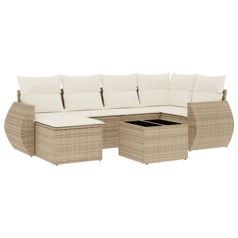  Ensemble de canapé de jardin en rotin PE 7 pièces avec accoudoirs réglables, Blanc, crème, Beige