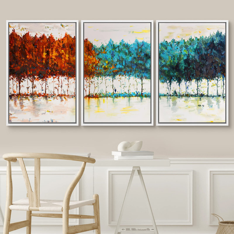 " Red Blue Pastel Forest Wilderness Plants Modern Art Farmhouse Country Landscape Colourful " 3 - Pieces, Blanc