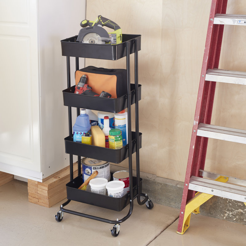 ECR4Kids 4-Tier Metal Rolling Utility Storage Cart, Multipurpose Organization, Multipurpose Organization, Black