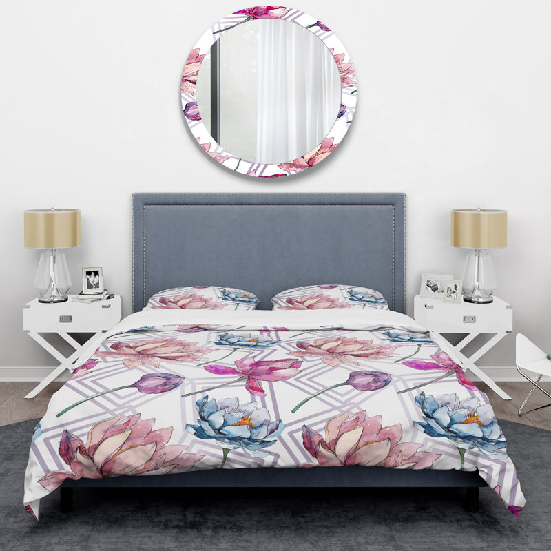 Fleurs de lotus mauves - ensemble de housse de couette floral - microfibre de polyester