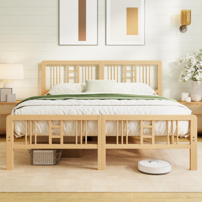 Modern Bamboo Platform Bed Frame with Headboard, Heavy Duty Wood Bed with Metal Slat Support, No Box Spring Needed