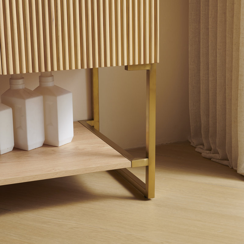 Meuble-lavabo de salle de bain 48 po Sobieski, meuble de rangement autoportant avec 3 portes et tablette ouverte, vasque en céramique bol blanc avec motif en pierre et comptoir en pierre frittée blanc de Carrare, couleur grain de bois