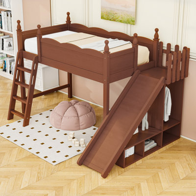 Wooden Loft Bed with Wardrobe, Slide and Shelves