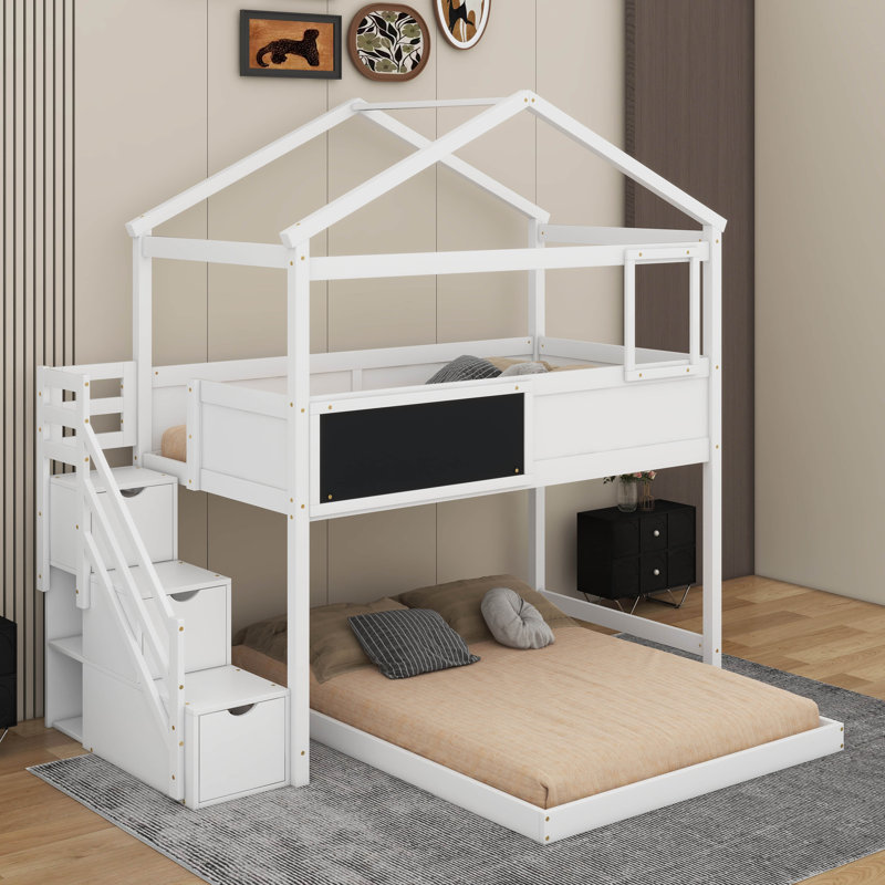 Lit simple superposé au dessus d'un lit double avec tableau noir, Blanc