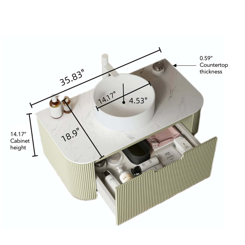 Bathroom Vanity With Sink, Modern Wall-Mounted Floating Curved Edges Striped Bathroom Storage Cabinet With A Drawer Round Ceramic Basin Without Faucet, Pre-Assembled
