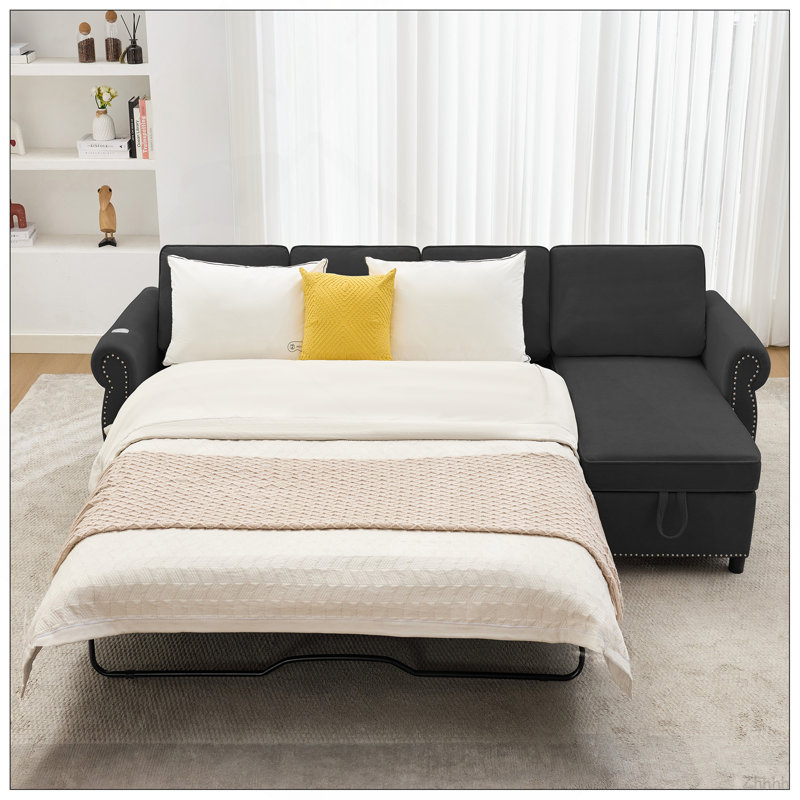 [Nouveauté] [Vidéo fournie] Canapé-lit escamotable de 106,5 po, canapé modulaire en L 4 places, canapé-lit 2 en 1, chargement sans fil, ports de chargement USB, matelas en mousse à mémoire de forme, espace de rangement, flanelle, noir