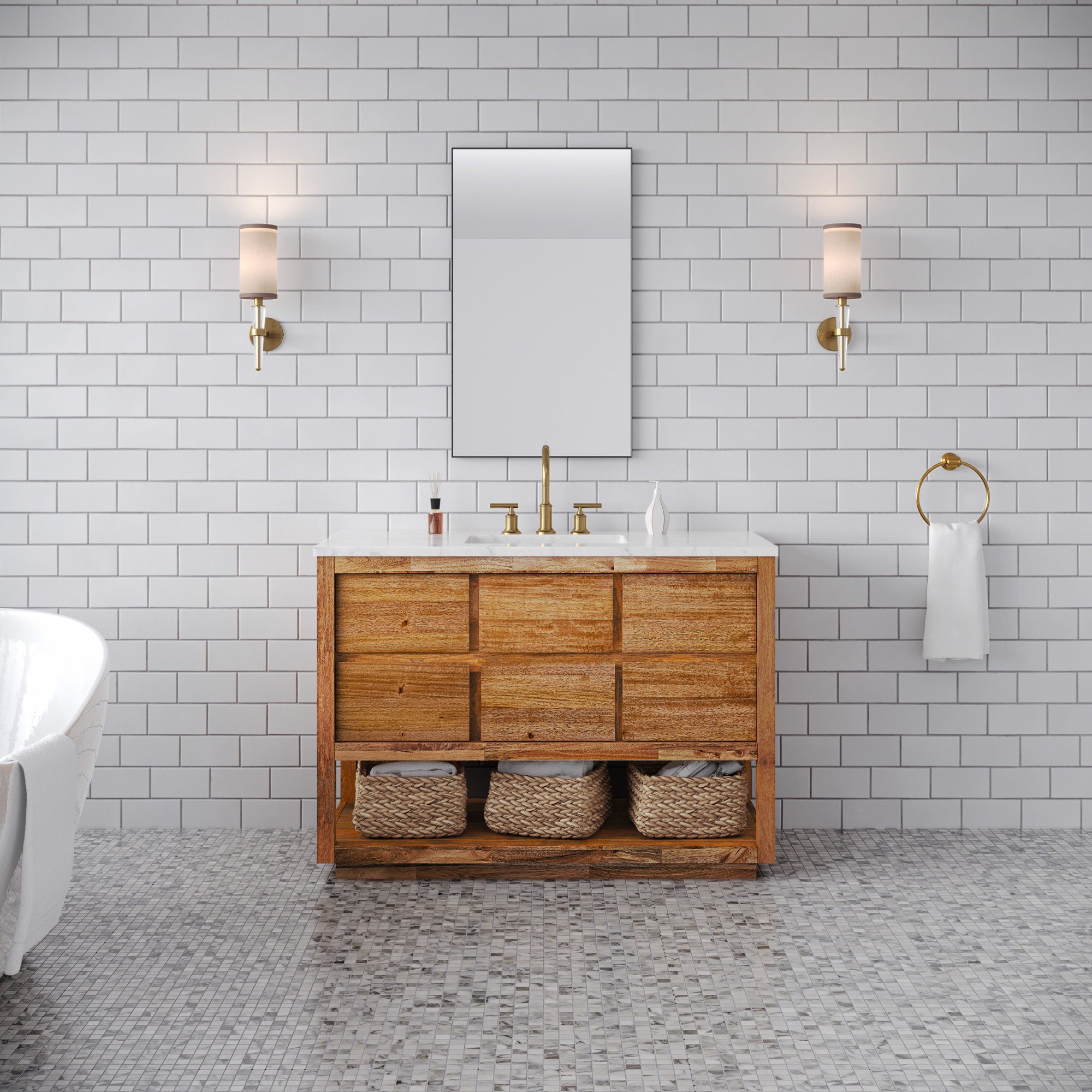 Tessa 48 In. Mango Wood Carrara White Marble Countertop Bath Vanity, Mango Wood