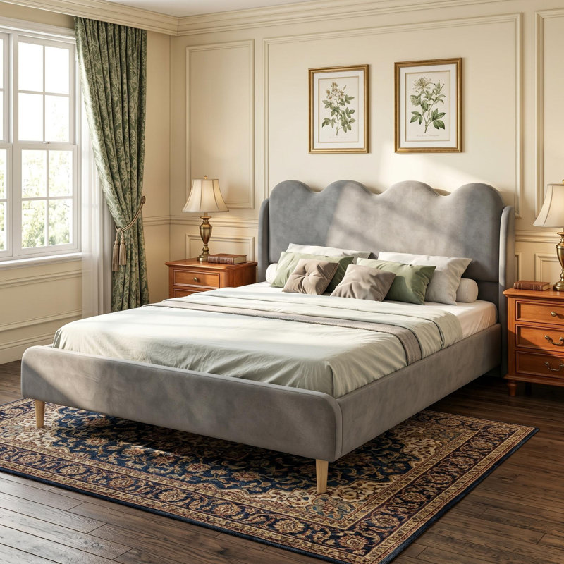 Full Size Velvet Upholstered Platform Bed Frames with Wingback & Scalloped Edges – Modern Minimalist Design, No Box Spring Needed, Black
