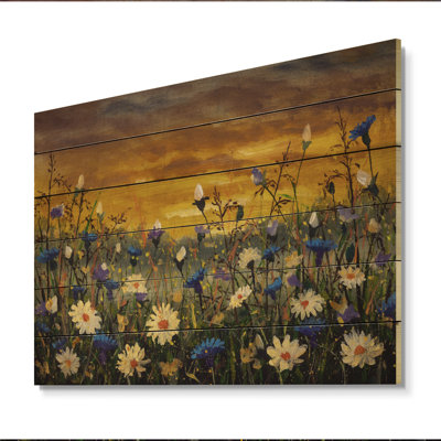 Peinture de marguerites blanches sur coucher de soleil - Décoration murale traditionnelle en bois - Bois de pin naturel