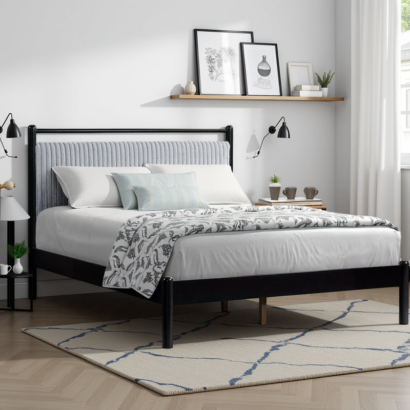 Lit plateforme en bois avec tête de lit gris moelleux et structure noire - capacité de 800 lb, sans sommier tapissier, lattes silencieuses