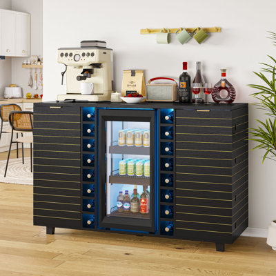  63" Buffet Cabinet With Led Lights, Wine Storage Racks & Fridge Space