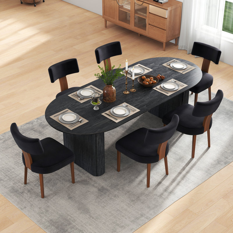 Modern Farmhouse Solid Wood Extendable Dining Table Set for 4-8 People, 7 Pieces: Table, 6 Chairs, Black, Black