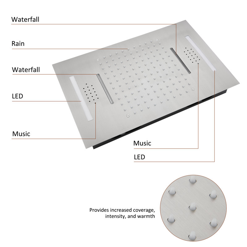 Brushed Gold Large Dual Rectangle Ceiling Mounted Shower System with LED and Bluetooth