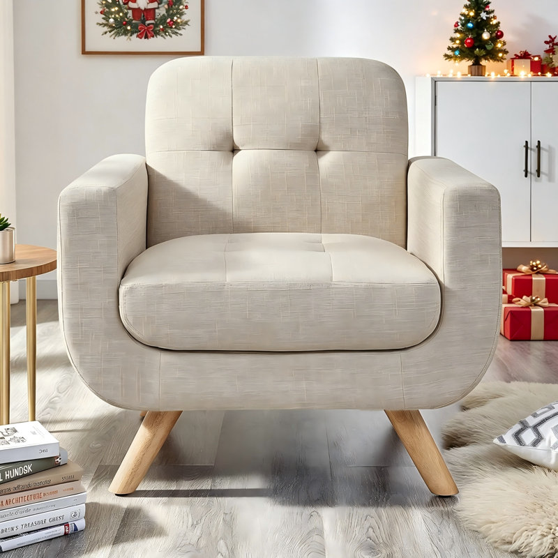 Chaise d'appoint moderne à haut dossier, tissu en lin rembourré avec pieds en bois massif - Fauteuil de lecture confortable pour le salon