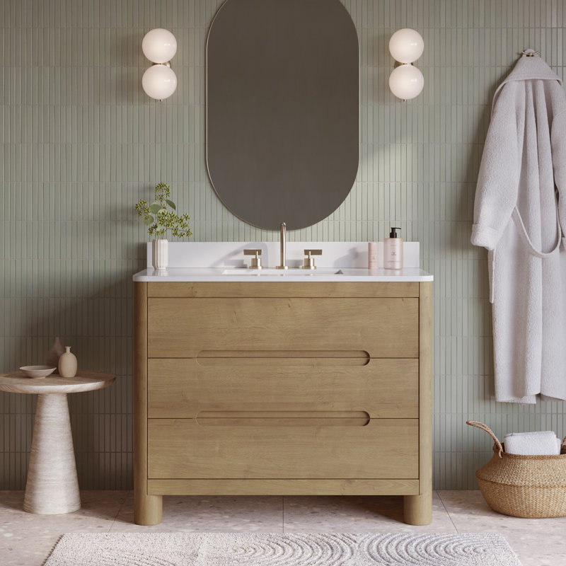 Oslo 42" Single Bathroom Vanity In Varnished Oak With White Quartz Countertop, 42"