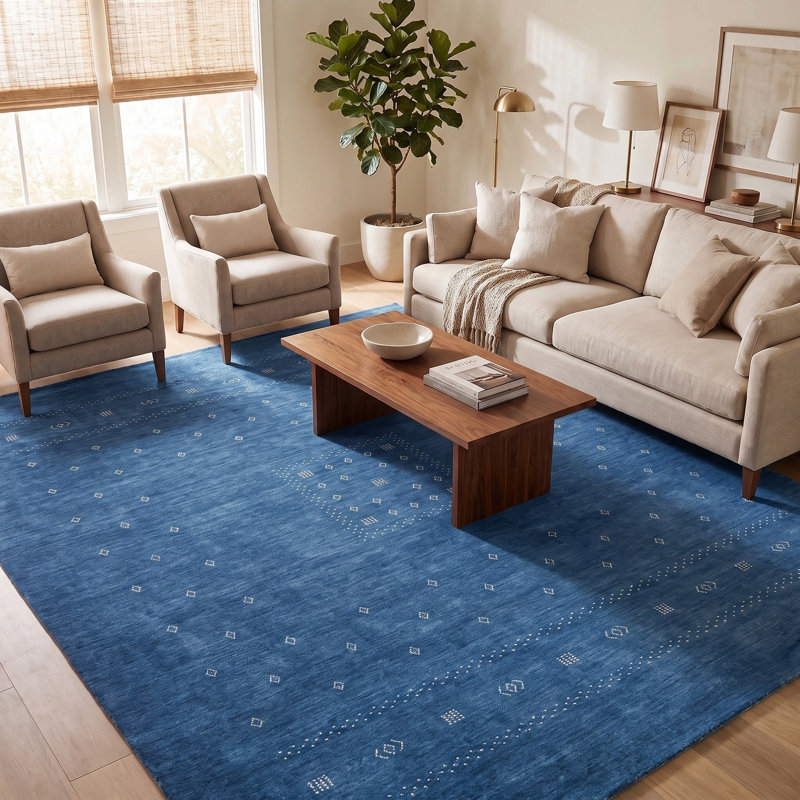 Simi Hand Knotted Cotton/Wool Southwestern Area Rug, Navy, Rectangle 9' x 12'