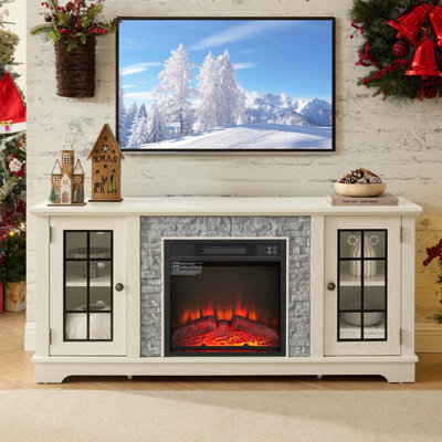 Meuble télé moderne de 58 po avec rangement à 2 portes et foyer électrique de 18 po avec console média en faux pierre