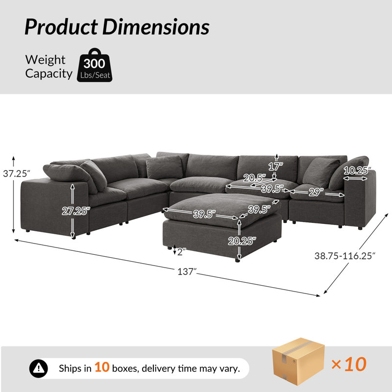 Merritt 157.5"W Modern Cloud Down Filled Oversized Sectional Couches With One Ottoman, Gray Polyester