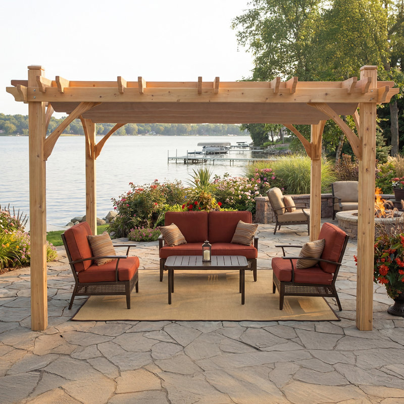 10 ft. W x 10 ft. D Breeze Solid Cedar Wood Pergola with Retractable Canopy, Brown, 10 ft. W x 10 ft. D