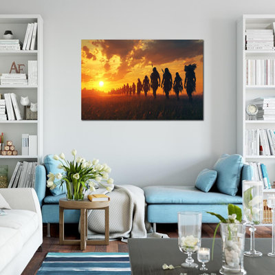 Grande impression d'art sur toile amérindien au coucher du soleil, tribu indienne, reproduction d'art du sud-ouest, toile de l'Ouest pour le salon