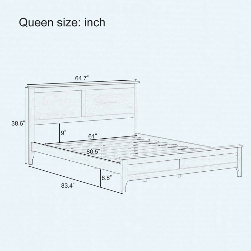 Grand lit plateforme moderne en bois massif avec support de lattes robuste, sans sommier tapissier, Queen