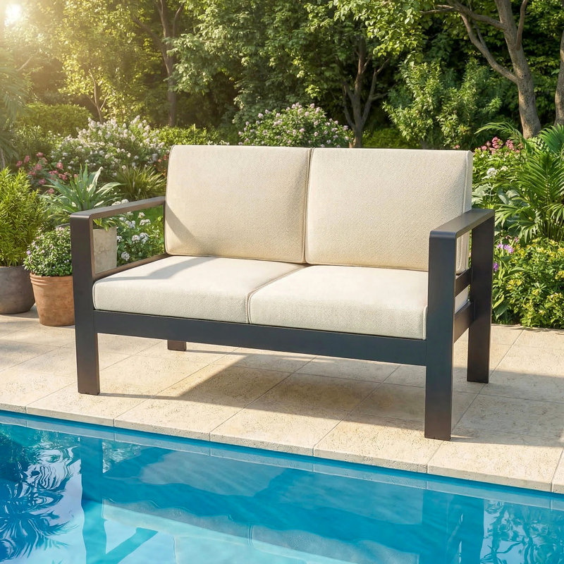 Causeuse d'extérieur en métal avec coussins, Beige