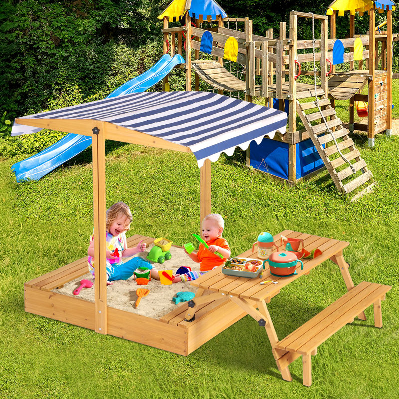 Kids Wooden Sandbox with Adjustable Canopy, Large Sand Pit with Foldable Picnic Table, Outdoor Sand Box with Lid and Upgrade Retractable Roof
