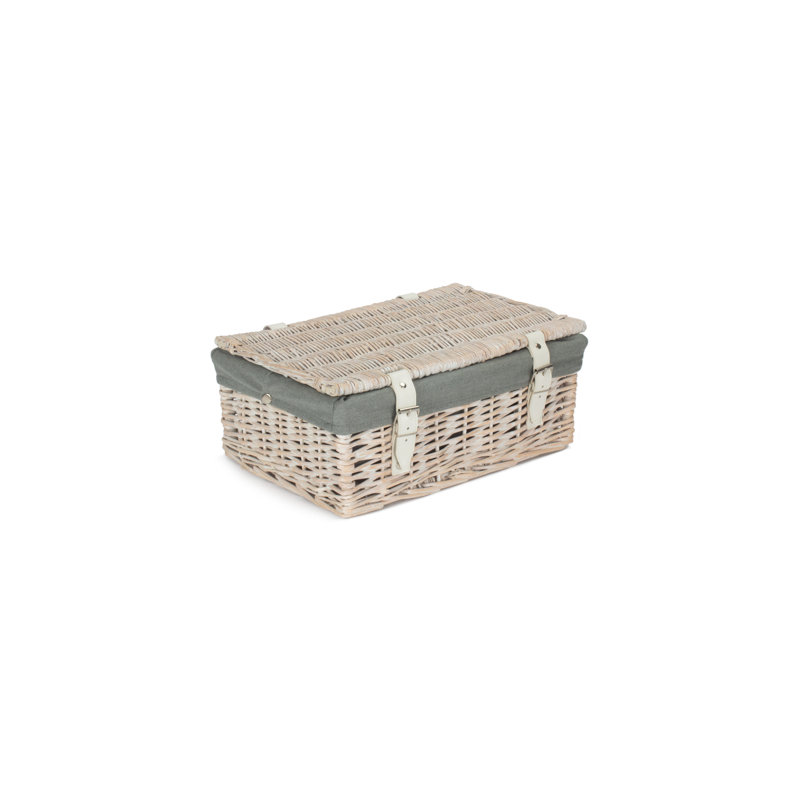 14" Wicker Picnic Hamper Basket with Lining, White Wash/Grey