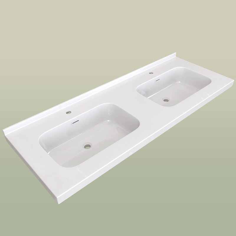 Solid Surface 60'' W X 22'' D Double Sinks Vanity Top Resin Stone Rectangular Sink Countertop in White with Pre-drilled Faucet Holes & 1.38 in. H Backsplash