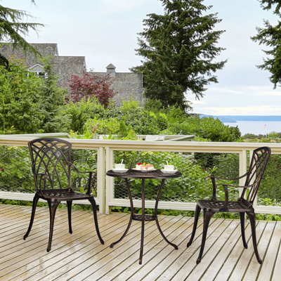 3-Piece Outdoor Bistro Set, Cast Aluminum Chairs & Table with Umbrella Hole, Bronze-Colored
