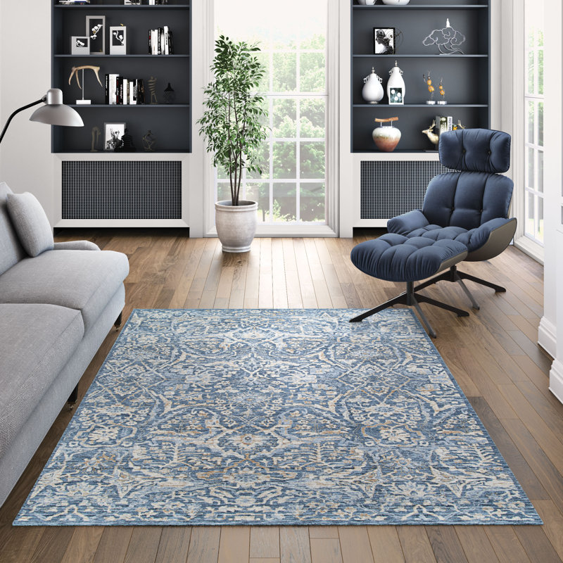 Tapis bleu / gris à motif floral Lincoln, Tapis de couloir 2 pi 7 po x 12 pi