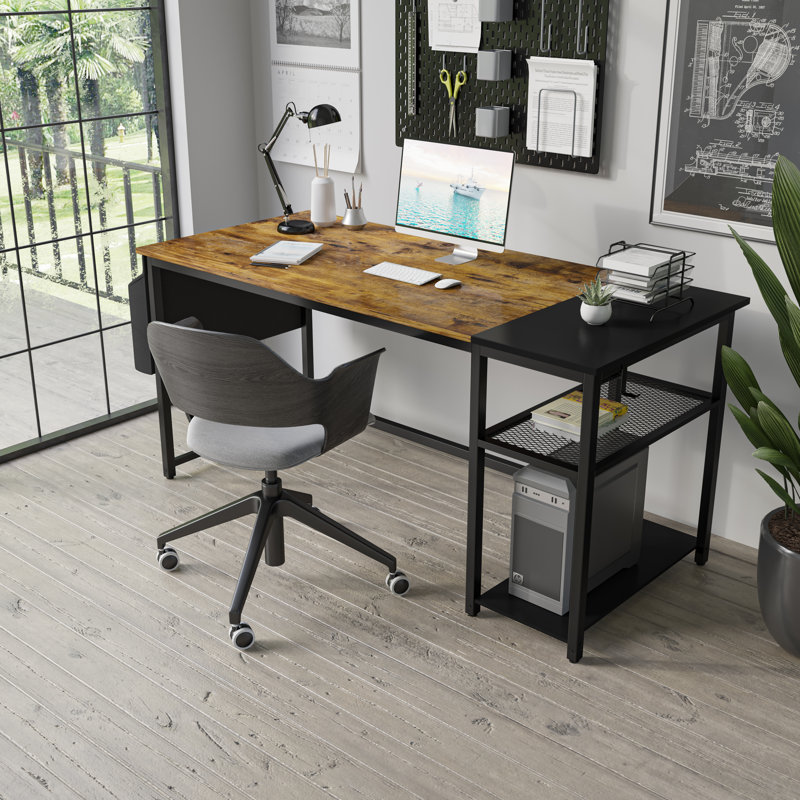Bureau d'écriture d'ordinateur avec tablettes de rangement Myra, Brun / noir