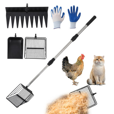 3-In-1 Chicken Coop Cleaner Tool with Adjustable Handle (18-35") - Heavy Duty Scoop, Rake & Shovel for Sand, Litter & Poultry Waste