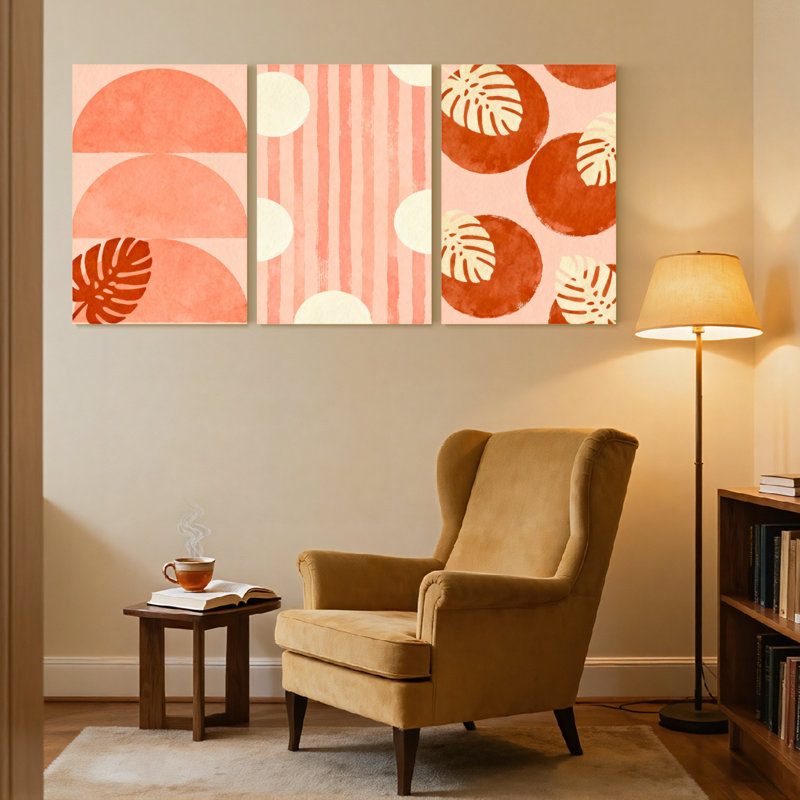 «Boho Contemporary Abstract Shapes Stripes Leaves Circles Pattern Design», ensemble de 3 impressions sur toile