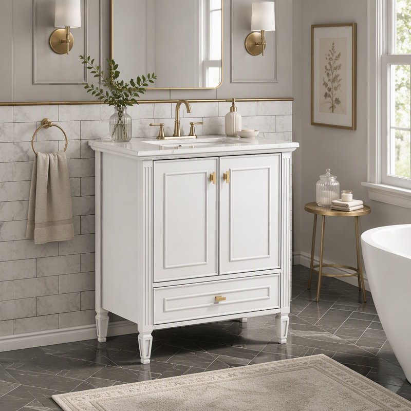 Meuble-lavabo 30 po avec lavabo, meuble-lavabo autoportant avec 1 tiroir et 2 portes à fermeture en douceur avec rangement pour porte, structure et pieds en bois massif, un paquet, blanc