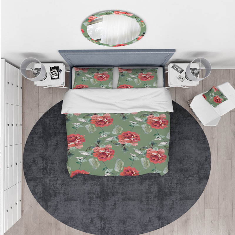 Ensemble de housse de couette à fleurs rouges, Housse de couette double / grand et 2 taies