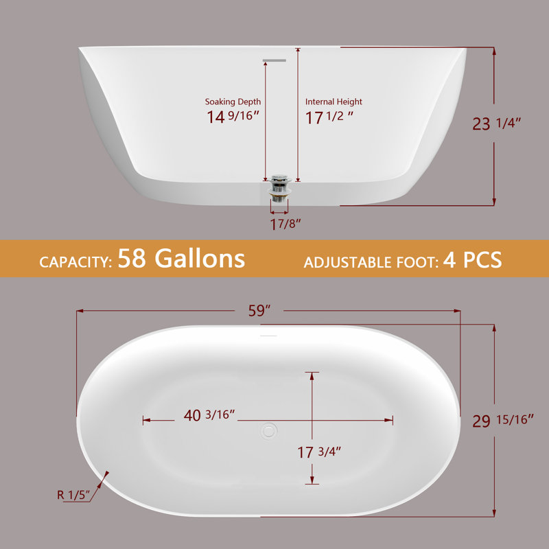 59” L X 30” W Freestanding Contemporary Soaking Acrylic Bathtub with Overflow and Drain