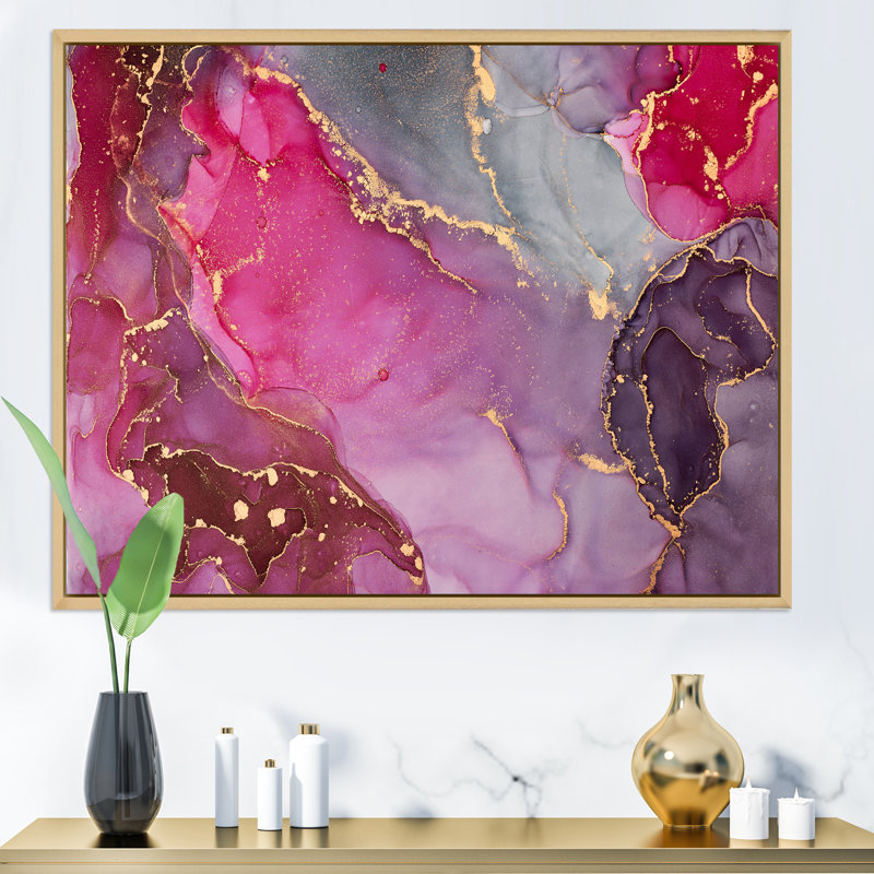 Rose et noir, art abstrait fluide de luxe III - peinture sur toile, H 24 po x l 32 po x P 1 po, Cadre flottant en érable