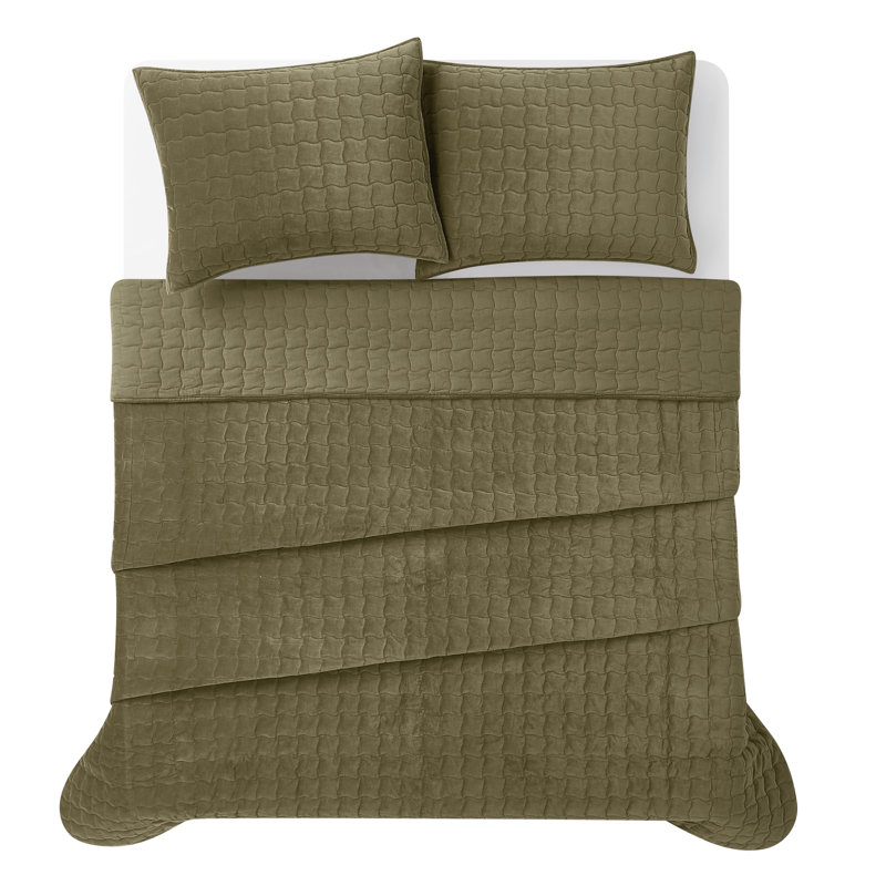 Brooklyn Loom Matte Cotton Velvet Wavy Square Stitch Quilt Set, King Quilt + 2 King Shams, Green