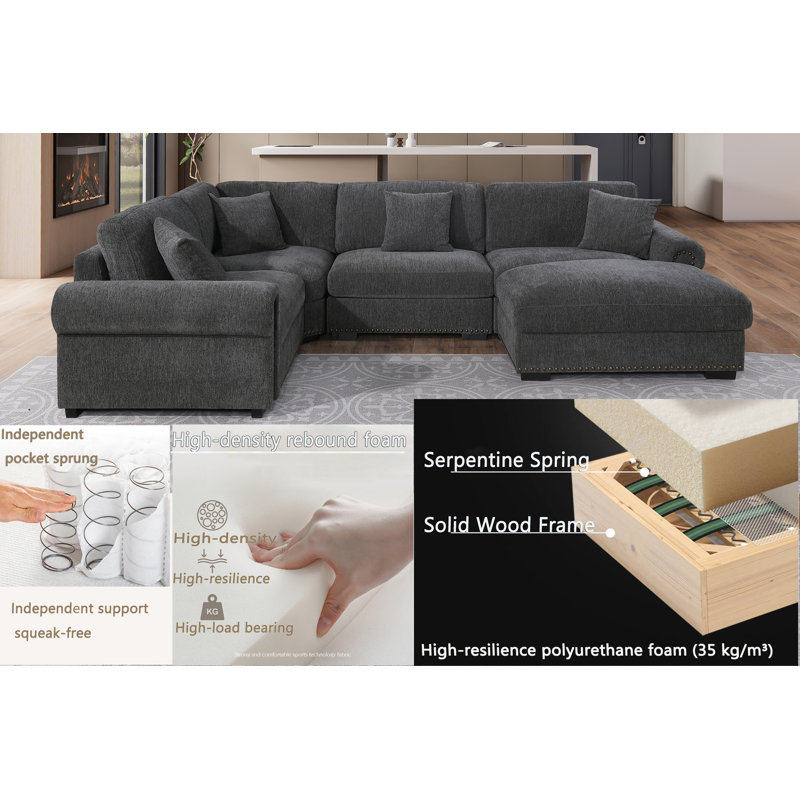 Errett Upholstered 5-Seat Roller Arms Cloud Corner Sectional Sofa, Dark Gray Polyester