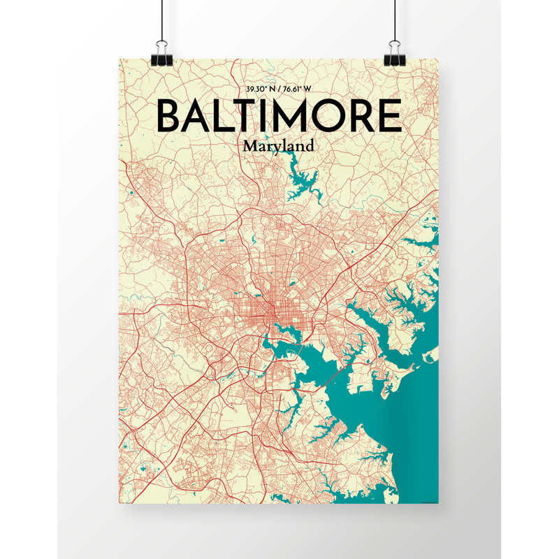 Baltimore City Map - impression d'art graphique, H 36 po x l 24 po