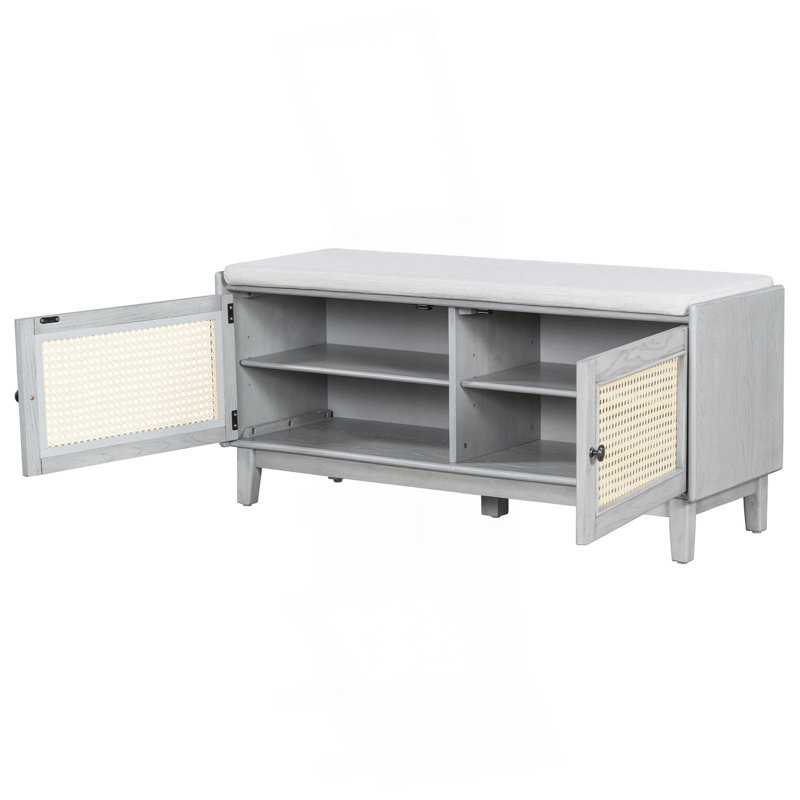 Entryway Bench with Storage, Cushioned Shoe Bench with Double Doors, Beige/Gray Wash