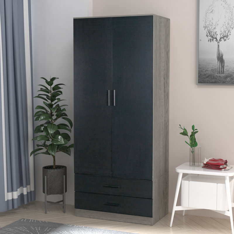Gianpietro 2 Door Manufactured Wood Wardrobe, Ash Grey Carcass/Black Drawer