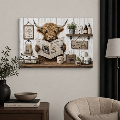 Highland Cow Bathroom Humor Farmhouse Artwork, Bathroom Pictures, Framed Canvas Giclee Print Wall Art