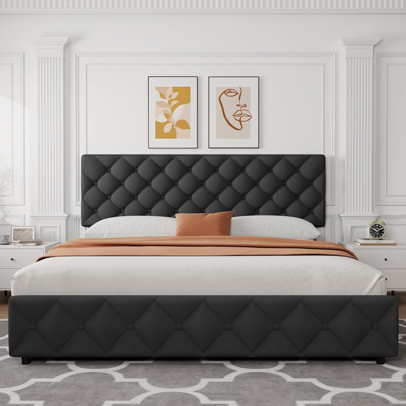 Upholstered Bed Frame, 4 Storage Drawers, Tufted Headboard & Footboard, Wooden Slats, No Box Spring, Black, Black, King