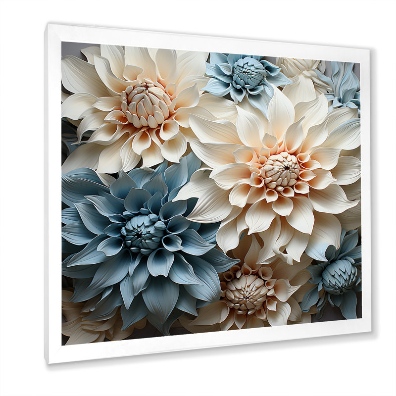 «White and Blue Dahlia Symphony IV», reproduction sur toile, H 24 po x l 24 po x P 1 po, Cadre simple blanc
