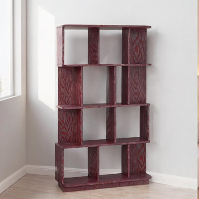 MDF Wood 5-Tier Open Bookcase Red-Toned Free Combination Storage Shelving for Living Room Home Office Bedroom