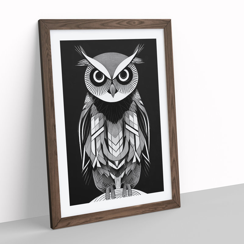 Owl Monochrome No.4 - Framed Print, 64cm H x 46cm W x 2cm D, Walnut